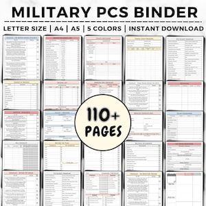 May include: A printable military PCS binder with 110+ pages. The binder includes checklists, packing lists, budget worksheets, and other helpful resources for military families moving to a new location. The binder is available in letter, A4, and A5 sizes and comes in five colors.