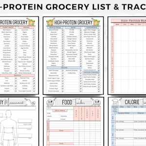May include: A set of six printable pages titled High-Protein Grocery List & Trackers. Includes categorized grocery lists, a weekly meal plan, a body measurement chart with a human figure, a daily food tracker, and a weekly calorie tracker.