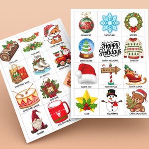 May include: Two white cards with Christmas-themed illustrations and text. The images include a Yule log, garland, fox, shopping bags, ice skates, a snow globe, a Santa hat, a star, a snowman, and a Christmas bear. Text includes "Happy Holidays".