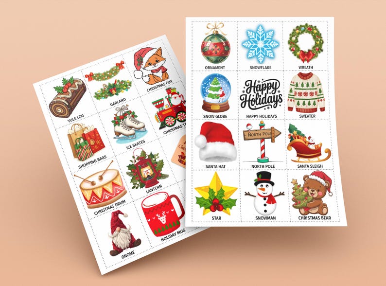 May include: Two white cards with Christmas-themed illustrations and text. The images include a Yule log, garland, fox, shopping bags, ice skates, a snow globe, a Santa hat, a star, a snowman, and a Christmas bear. Text includes "Happy Holidays".