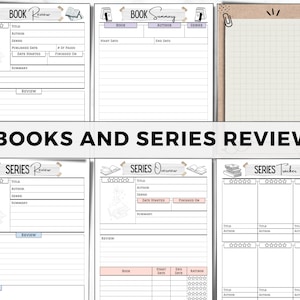 May include: Printable book and series review planner pages with sections for title, author, genre, summary, review, and rating. The pages are designed with a simple, modern aesthetic and feature illustrations of books.