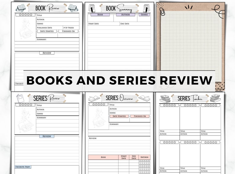 May include: Printable book and series review planner pages with sections for title, author, genre, summary, review, and rating. The pages are designed with a simple, modern aesthetic and feature illustrations of books.