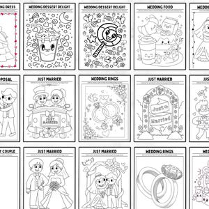 May include: A set of 10 printable coloring pages featuring wedding-themed illustrations. The pages include images of wedding dresses, rings, food, desserts, and couples. The text on the pages includes "Wedding Proposal", "Just Married", "Wedding Rings", and "Wedding Gifts".