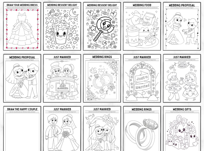 May include: A set of 10 printable coloring pages featuring wedding-themed illustrations. The pages include images of wedding dresses, rings, food, desserts, and couples. The text on the pages includes "Wedding Proposal", "Just Married", "Wedding Rings", and "Wedding Gifts".