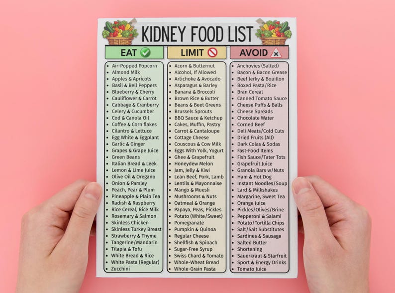 May include: A white paper titled "KIDNEY FOOD LIST" with three columns: "EAT", "LIMIT", and "AVOID". The list includes various food items, with hands holding the paper against a pink background.