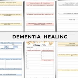 May include: Printable journal pages for dementia healing with sections for effective communication, understanding thoughts, trauma healing goals, meltdown tracker, and therapy notes. The pages have a light blue, pink, and yellow color scheme with gold floral accents.