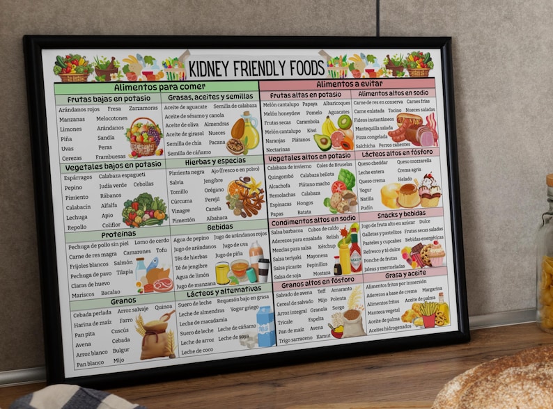 Puede incluir: Un cuadro enmarcado en negro con el t&iacute;tulo "Alimentos para los ri&ntilde;ones" enumera los alimentos que se deben comer y evitar para la salud de los ri&ntilde;ones. El cuadro est&aacute; dividido en categor&iacute;as como frutas, verduras, prote&iacute;nas, cereales y l&aacute;cteos. Cada categor&iacute;a enumera alimentos espec&iacute;ficos con una marca de verificaci&oacute;n verde para los alimentos que se deben comer y una X roja para los alimentos que se deben evitar.