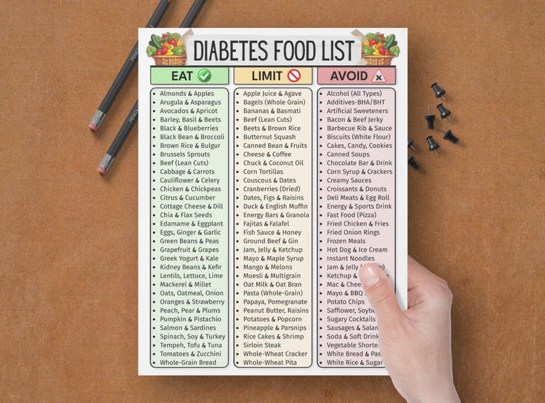 May include: A diabetes food list on a white paper, held by a hand. The list is divided into three columns: Eat, Limit, and Avoid, with various food items listed under each category. Pencils and push pins are also visible.