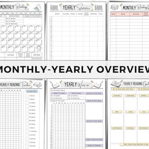 May include: A printable reading tracker with monthly and yearly pages. The pages include sections for book title, author, start and end dates, ratings, and a color key for reading time. The pages also include sections for yearly statistics, monthly reading log, and yearly reading goals.