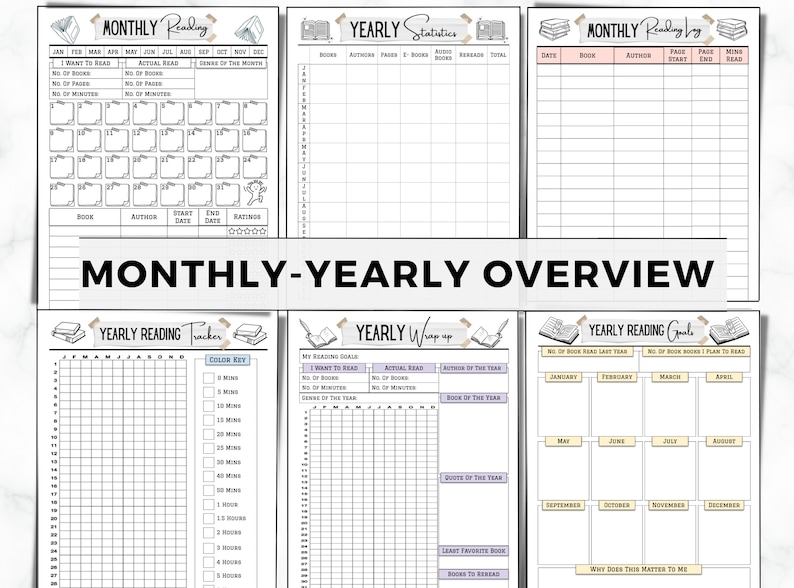 May include: A printable reading tracker with monthly and yearly pages. The pages include sections for book title, author, start and end dates, ratings, and a color key for reading time. The pages also include sections for yearly statistics, monthly reading log, and yearly reading goals.