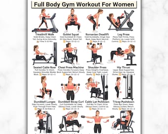 May include: A fitness planner titled "Full Body Gym Workout For Women" with exercise illustrations. Includes exercises like treadmill walk, goblet squat, and dumbbell lunges. Text includes instructions and rep counts.