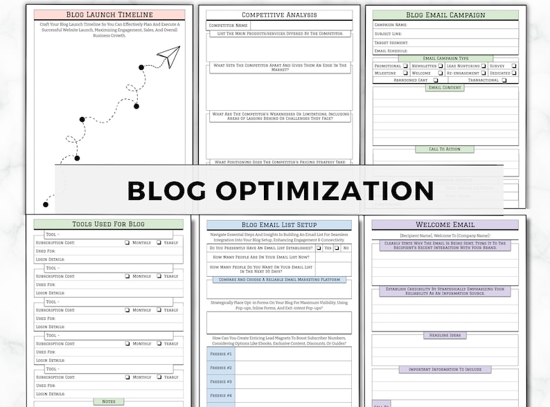 May include: A printable worksheet with a light blue background and black text. The worksheet is divided into sections with titles such as "Blog Launch Timeline", "Competitive Analysis", "Blog Email Campaign", "Blog Optimization", "Tools Used for Blog", "Blog Email List Setup", and "Welcome Email". Each section has a series of questions and prompts to help users plan and execute a successful blog launch.