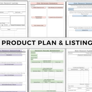 May include: A printable worksheet for Etsy sellers to plan and list their products. The worksheet includes sections for product listing, keyword research, product description, pricing, and new product planning. The worksheet is designed in a minimalist style with green and pink accents.