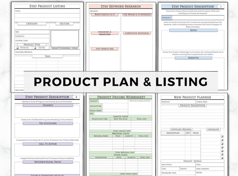 May include: A printable worksheet for Etsy sellers to plan and list their products. The worksheet includes sections for product listing, keyword research, product description, pricing, and new product planning. The worksheet is designed in a minimalist style with green and pink accents.