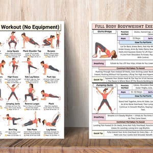 May include: Two workout guides with illustrations and instructions for home exercises. The left guide is titled "Home Workout (No Equipment)" and includes exercises like Russian Twists and Jump Squats. The right guide is titled "FULL BODY BODYWEIGHT EXERCISES" and includes exercises like Glute Bridge and Jumping Jacks.