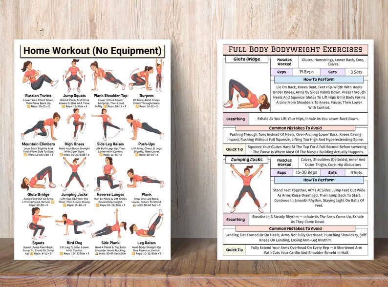 May include: Two workout guides with illustrations and instructions for home exercises. The left guide is titled "Home Workout (No Equipment)" and includes exercises like Russian Twists and Jump Squats. The right guide is titled "FULL BODY BODYWEIGHT EXERCISES" and includes exercises like Glute Bridge and Jumping Jacks.