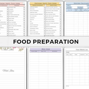 Pu&ograve; includere: Un planner stampabile per idee di cibo per feste di compleanno. Il planner include sezioni per stuzzichini, dessert, bevande, piatti principali, un calcolatore di servizio, idee per spuntini, idee per i pasti e un registro degli scarti alimentari.