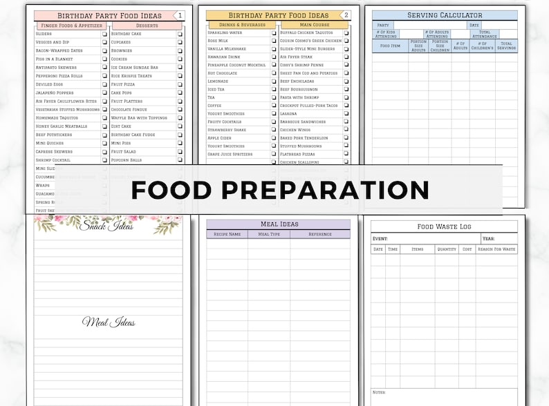 Pu&ograve; includere: Un planner stampabile per idee di cibo per feste di compleanno. Il planner include sezioni per stuzzichini, dessert, bevande, piatti principali, un calcolatore di servizio, idee per spuntini, idee per i pasti e un registro degli scarti alimentari.