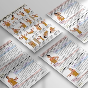 May include: Four printed sheets with the title "Shoulder Pain Relief Exercises" are displayed at different angles. Each sheet features illustrations of exercises and instructions. The sheets are on a white surface.