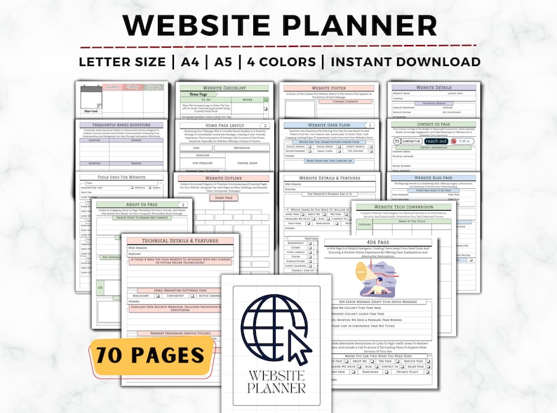 May include: A collection of website planner pages with a variety of layouts and checklists. The planner includes sections for website details, outlines, and technical features. The cover features a globe icon with a cursor. The planner is available in letter, A4, and A5 sizes.