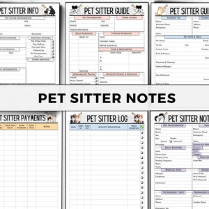 May include: Printable pet sitter log and guide forms. The forms include sections for pet information, contact details, veterinary information, daily routine, feeding schedule, medication, favourite things and behaviour, and notes. The forms are designed to help pet sitters keep track of their clients' pets.
