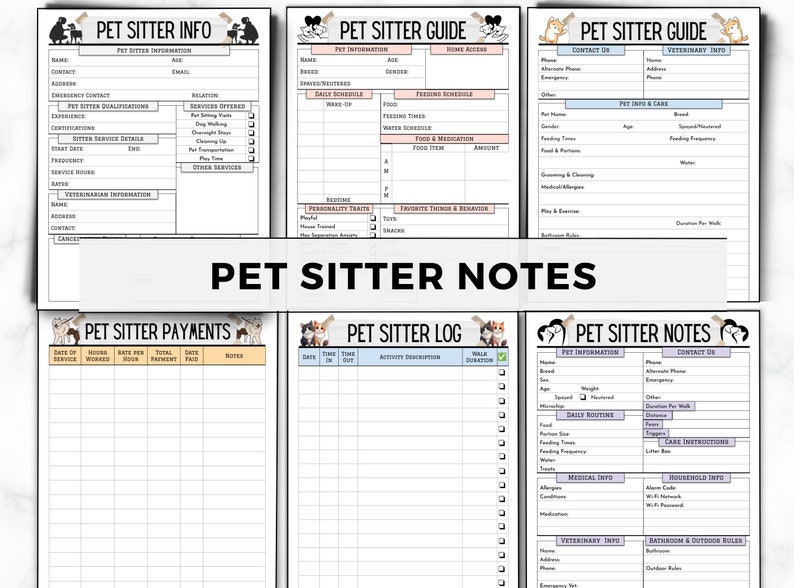 May include: Printable pet sitter log and guide forms. The forms include sections for pet information, contact details, veterinary information, daily routine, feeding schedule, medication, favourite things and behaviour, and notes. The forms are designed to help pet sitters keep track of their clients' pets.