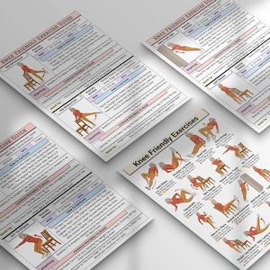 May include: Four white exercise guides with illustrations and text, titled "Knee Friendly Exercise Guide" and "Knee Friendly Exercises." The guides feature diagrams of exercises and instructions for knee-friendly workouts.
