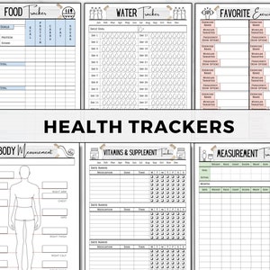May include: Printable health tracker pages with sections for food, water, exercise, body measurements, vitamins and supplements, and measurements. The pages are black and white with a minimalist design.
