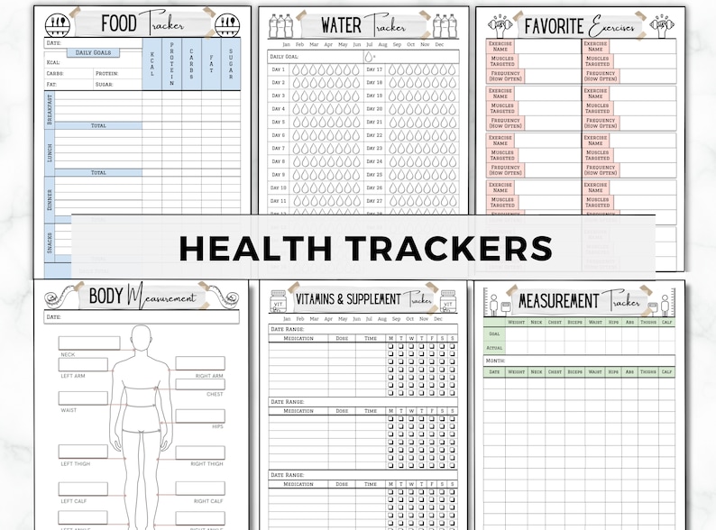 May include: Printable health tracker pages with sections for food, water, exercise, body measurements, vitamins and supplements, and measurements. The pages are black and white with a minimalist design.