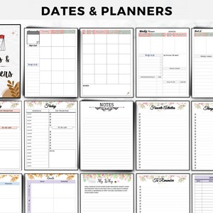 May include: A set of printable planner pages featuring floral and geometric designs. The pages include sections for scheduling, to-do lists, notes, favourite quotes, things to avoid, important dates, and more.