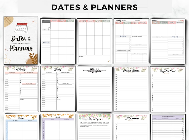 May include: A set of printable planner pages featuring floral and geometric designs. The pages include sections for scheduling, to-do lists, notes, favourite quotes, things to avoid, important dates, and more.