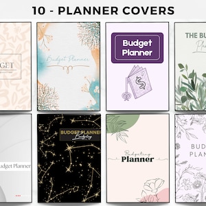 May include: Ten different planner cover designs. The covers feature a variety of styles, including floral, abstract, and minimalist. The text "Budget Planner" appears on several of the covers.