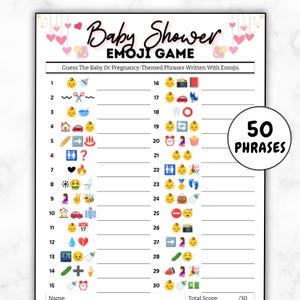 Può includere: Un gioco di baby shower stampabile con 50 frasi emoji da indovinare. Il gioco è progettato per essere giocato a una festa di baby shower e presenta uno schema di colori rosa e bianco.