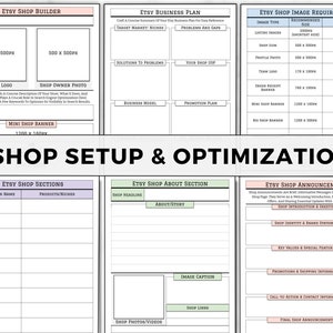 May include: A printable worksheet with a light pink, green, and white colour scheme. The worksheet is divided into sections with headings such as "Etsy Shop Builder", "Etsy Business Plan", "Etsy Shop Image Requirements", "Etsy Shop Sections", "Etsy Shop About Section", and "Etsy Shop Announcement". The worksheet provides guidance on setting up and optimising an Etsy shop, including shop name, logo, banner, sections, about page, and announcements.