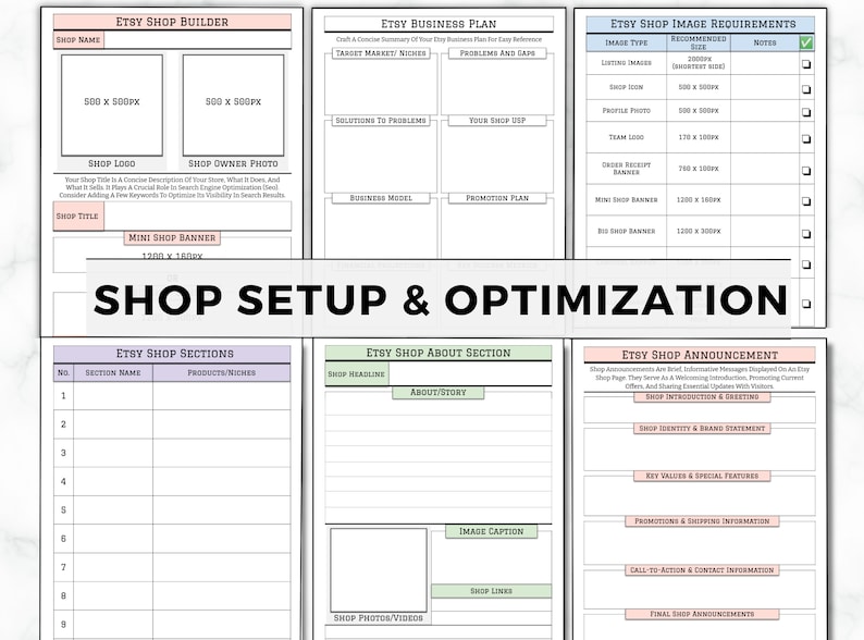 May include: A printable worksheet with a light pink, green, and white colour scheme. The worksheet is divided into sections with headings such as "Etsy Shop Builder", "Etsy Business Plan", "Etsy Shop Image Requirements", "Etsy Shop Sections", "Etsy Shop About Section", and "Etsy Shop Announcement". The worksheet provides guidance on setting up and optimising an Etsy shop, including shop name, logo, banner, sections, about page, and announcements.