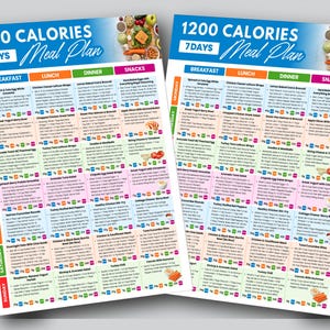 Puede incluir: Dos hojas coloridas de Plan de Comidas de 1200 calor&iacute;as. Cada hoja tiene un encabezado azul con el texto "1200 Calories" y "Meal Plan". Las hojas est&aacute;n divididas en secciones para desayuno, almuerzo, cena y snacks, con opciones de comida.