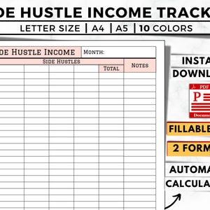 Side Hustle Income Tracker Printable, Passive Income Tracker, Budget Tracking, Small Business Income Sheet, Income Stream Earnings Record