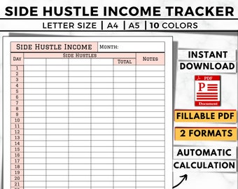 Side Hustle Income Tracker Printable, Budget Sheet (Fillable PDF)