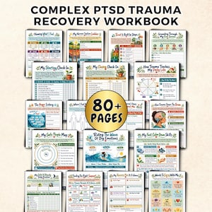 May include: A Complex PTSD Trauma Recovery Workbook featuring over 80 pages of worksheets. The collection includes titled pages such as Naming What I Feel, My Nervous System Ladder, The Anger Iceberg, and Riding The Wave Of Big Emotions.