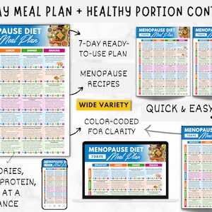 May include: A colorful 7-day Menopause Diet Meal Plan with portion control, displayed on a poster, phone, and laptop. The plan includes recipes, is color-coded, and offers a wide variety of meals. The text highlights calories, carbs, protein, and fat at a glance.
