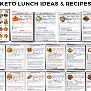 May include: A collection of recipe cards with the text "KETO LUNCH IDEAS & RECIPES" at the top. The cards feature various keto-friendly lunch ideas, each with a photo and nutritional information. The image includes a variety of dishes.