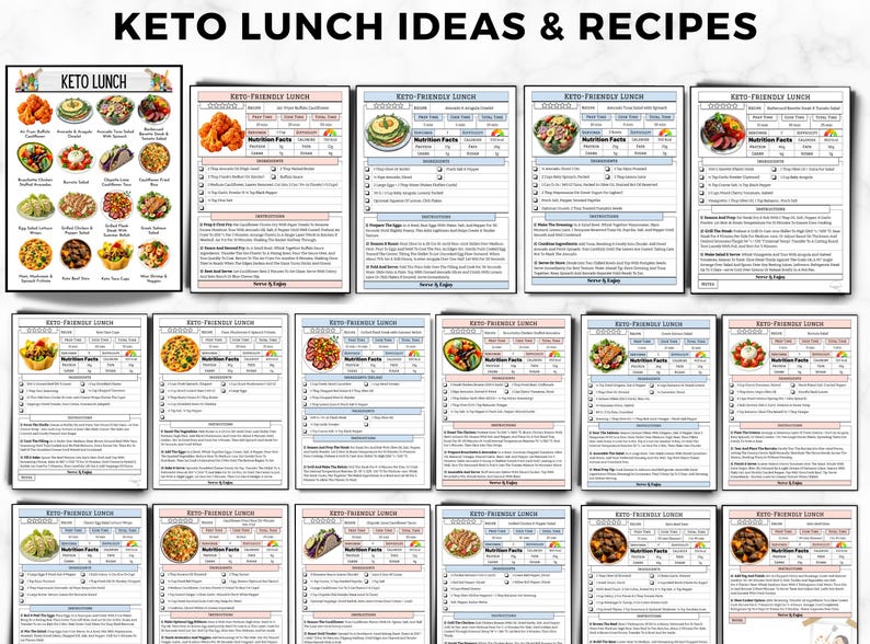 May include: A collection of recipe cards with the text "KETO LUNCH IDEAS & RECIPES" at the top. The cards feature various keto-friendly lunch ideas, each with a photo and nutritional information. The image includes a variety of dishes.