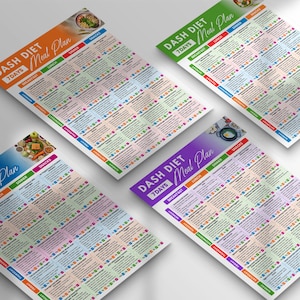 May include: Four colorful DASH diet meal plan charts. Each chart is labeled with "DASH DIET 7 DAYS Meal Plan" and includes sections for breakfast, lunch, dinner, and snacks. The charts are in orange, green, blue, and purple.