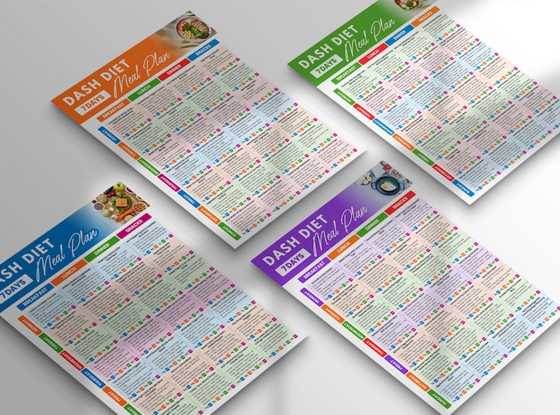 May include: Four colorful DASH diet meal plan charts. Each chart is labeled with "DASH DIET 7 DAYS Meal Plan" and includes sections for breakfast, lunch, dinner, and snacks. The charts are in orange, green, blue, and purple.