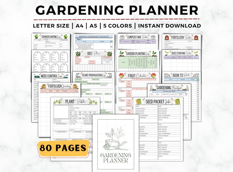 May include: A printable gardening planner with 80 pages, featuring a variety of checklists, trackers, and calendars. The planner includes sections for seed starting, transplanting, weed control, plant propagation, fruit calendar, book to read, fertiliser, gardening budget, plant profile, and seed packet journal. The planner is available in letter size, A4, and A5, and comes in five colours.