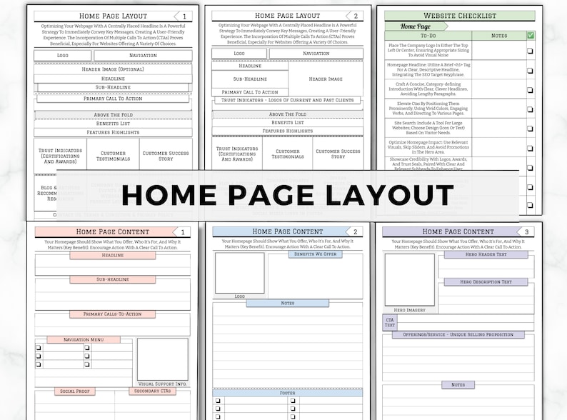 May include: A detailed diagram titled "HOME PAGE LAYOUT" with sections for website design. The layout includes areas for headlines, navigation, and content, with a checklist for website elements. The design is in shades of gray and white.