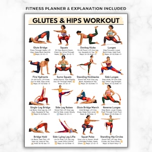 Puede incluir: Un planificador de fitness con una guía de "Glutes & Hips Workout". La guía incluye ejercicios ilustrados como Glute Bridge, Squats, Donkey Kicks, Lunges, Fire Hydrants, Sumo Squats, y más. El planificador incluye el texto "Fitness Planner & Explanation Included."