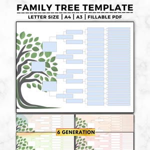 May include: A family tree template featuring a stylized tree with green leaves on the left and a branching diagram of light blue rectangular text boxes for names. The text reads FAMILY TREE TEMPLATE, LETTER SIZE | A4 | A3 | FILLABLE PDF, 6 GENERATION.