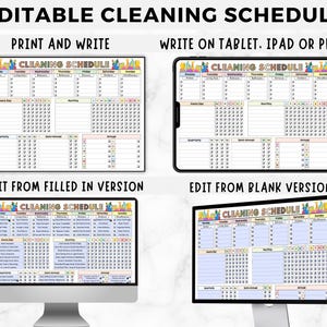 Pu&ograve; includere: Un programma di pulizia modificabile stampabile in due versioni: vuota e compilata. Il programma include attivit&agrave; quotidiane, settimanali e mensili. La stampa presenta un design colorato con un'illustrazione di tipo cartone animato di prodotti per la pulizia.