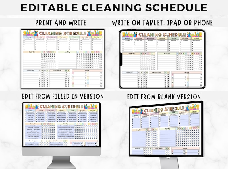 Pu&ograve; includere: Un programma di pulizia modificabile stampabile in due versioni: vuota e compilata. Il programma include attivit&agrave; quotidiane, settimanali e mensili. La stampa presenta un design colorato con un'illustrazione di tipo cartone animato di prodotti per la pulizia.